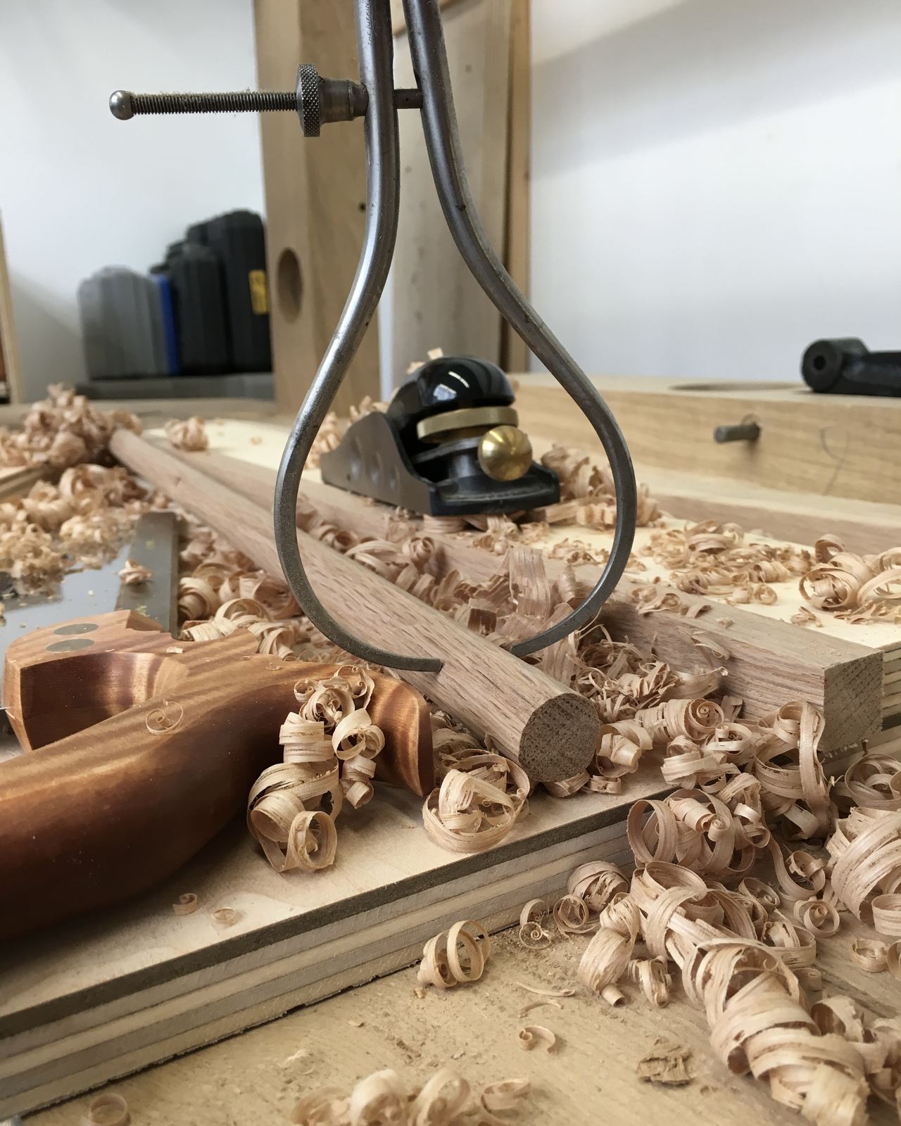 Cutting wooden dowels in the workshop